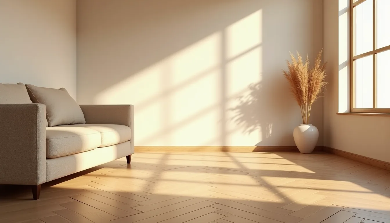 Eiken visgraat PVC-vloer in zonnige woonkamer